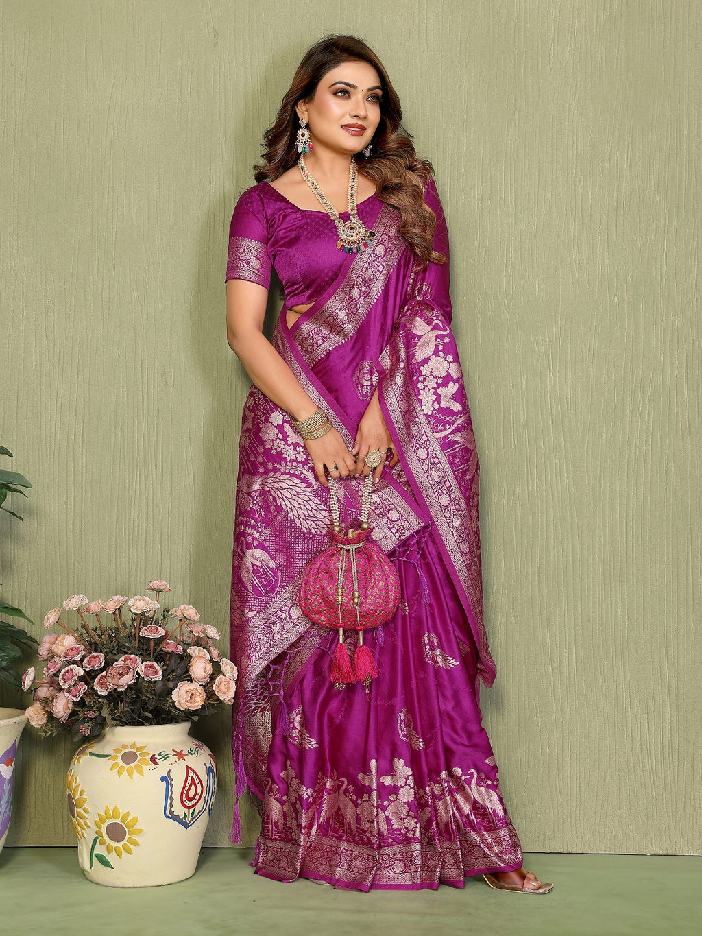 Zari Butta and Contrast Border Handloom Satin Silk Saree