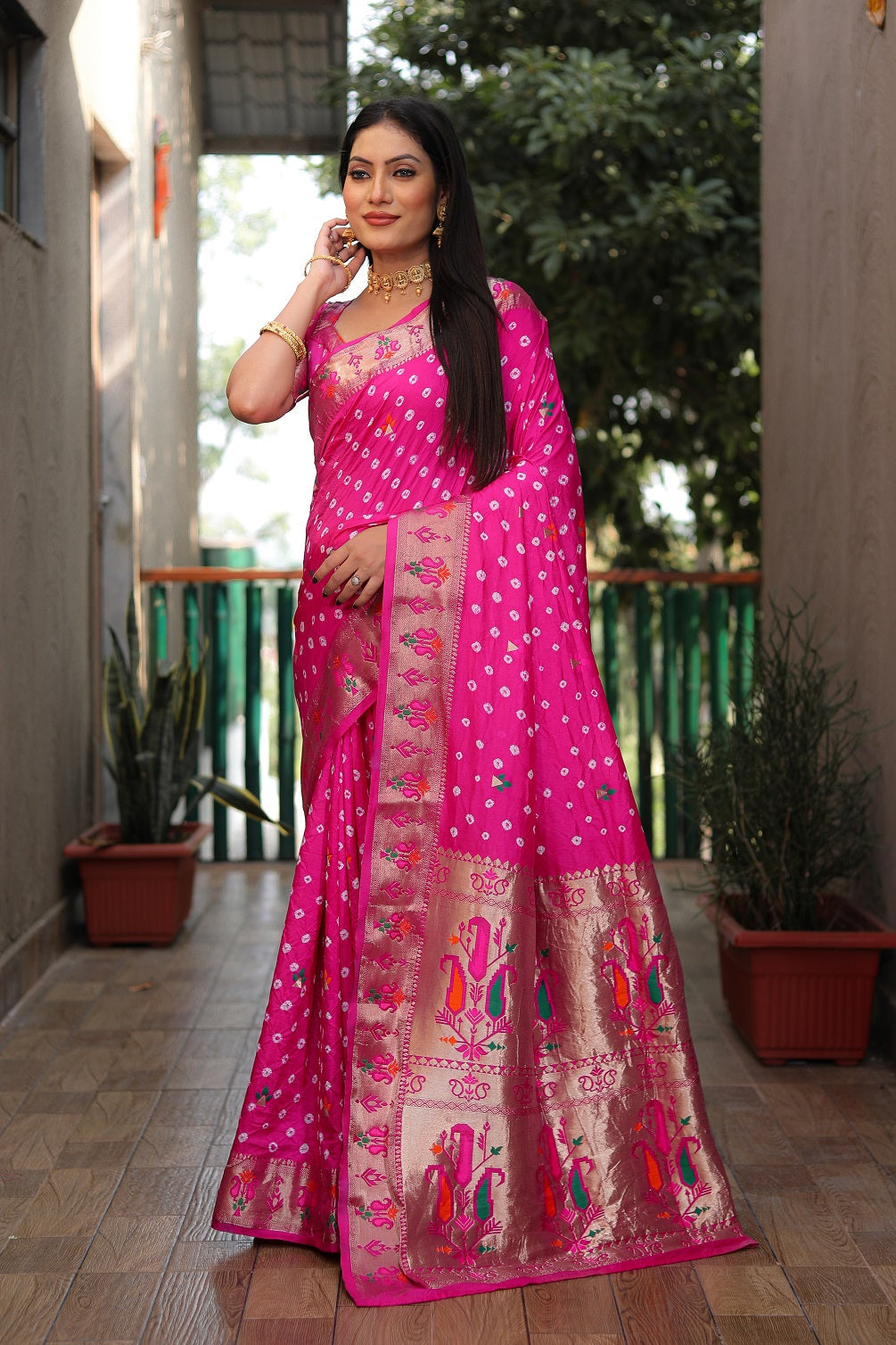 Dola Soft Silk Bandhej Paithani Saree with Zari Butti