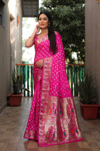 Dola Soft Silk Bandhej Paithani Saree with Zari Butti