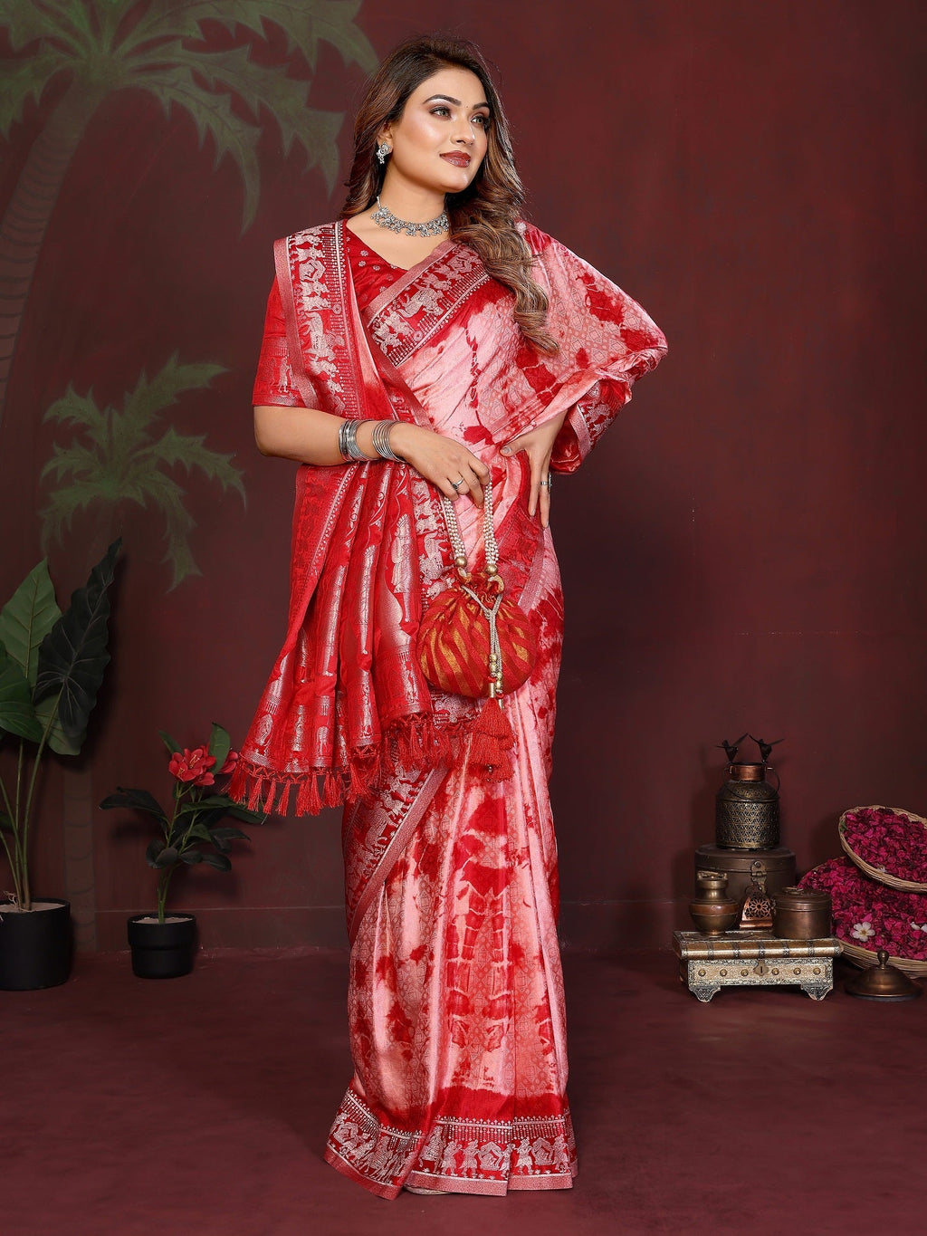 Sibori Bandhej Soft Satin Silk Zari Border Saree