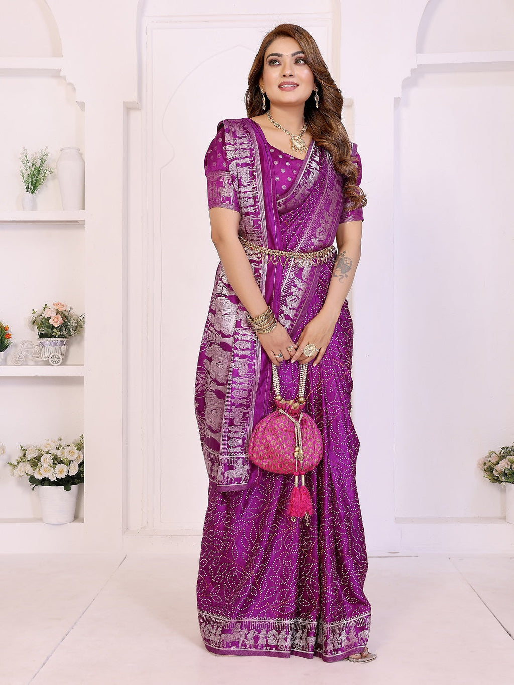 Kanchi Zari Border with Bandhej Print Saree