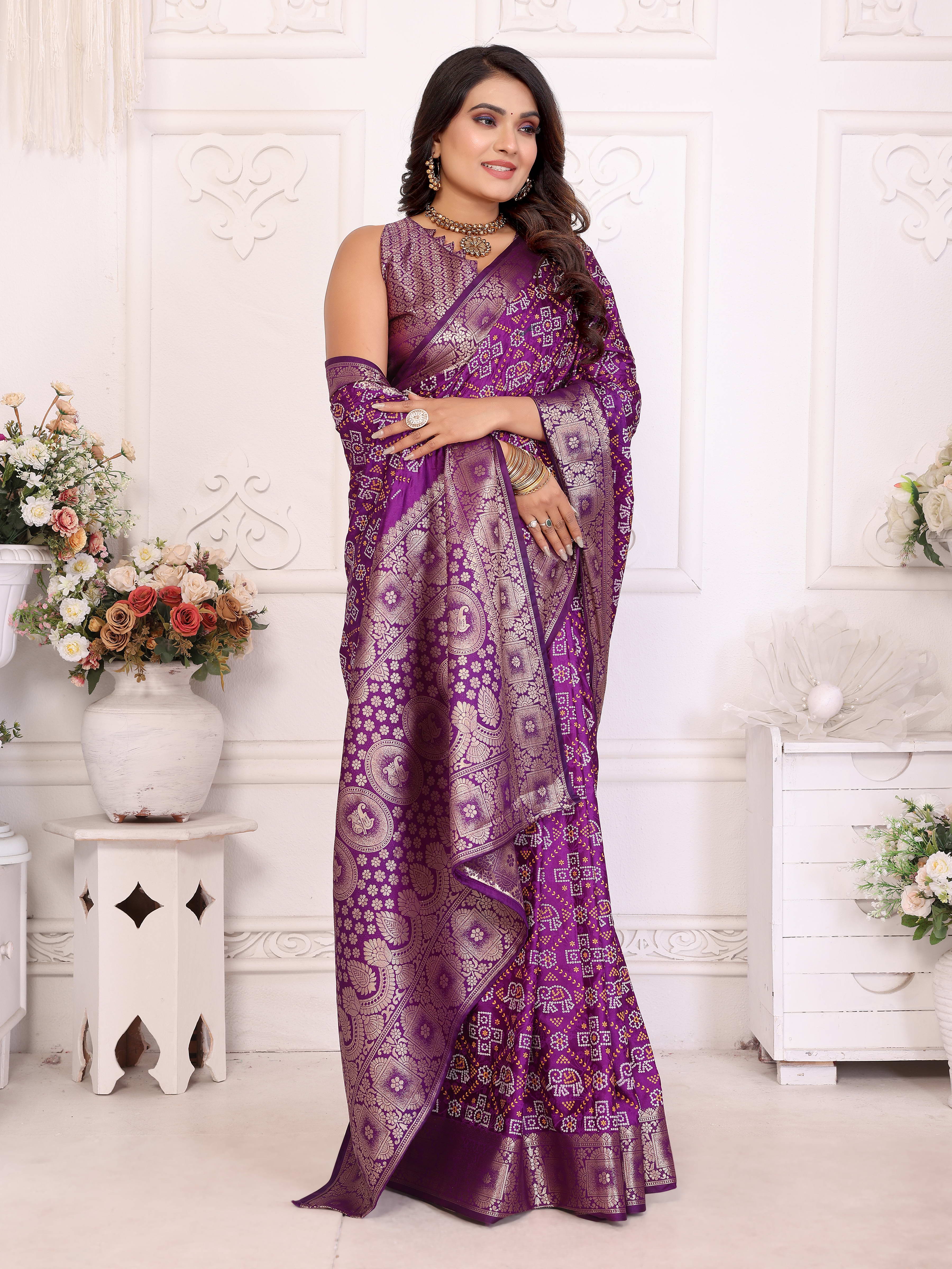 Bandhej Print Soft Satin Silk Saree with Zari Border