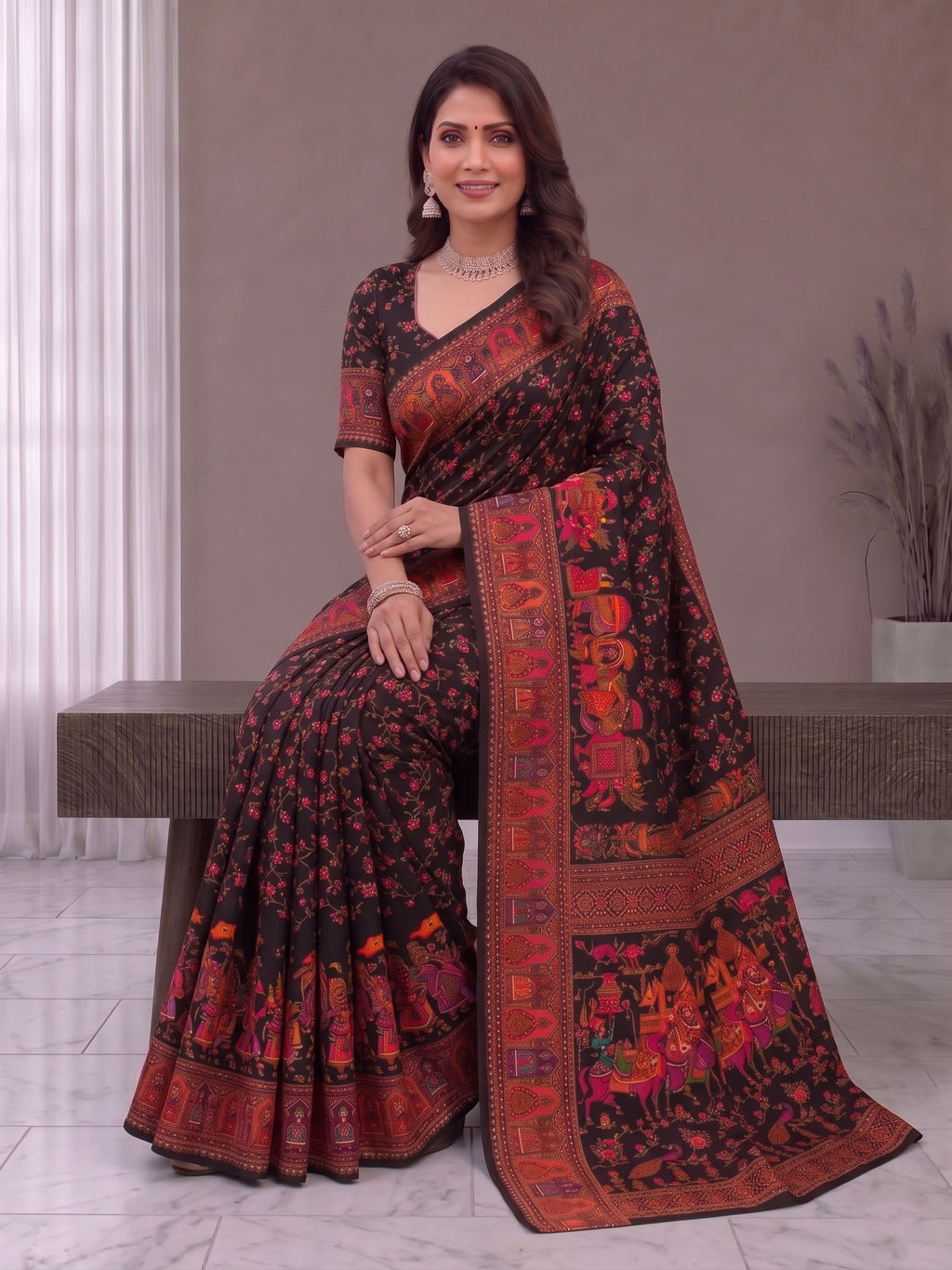 Pure Soft Pashmina Silk Saree with Kashmiri Woven Pallu