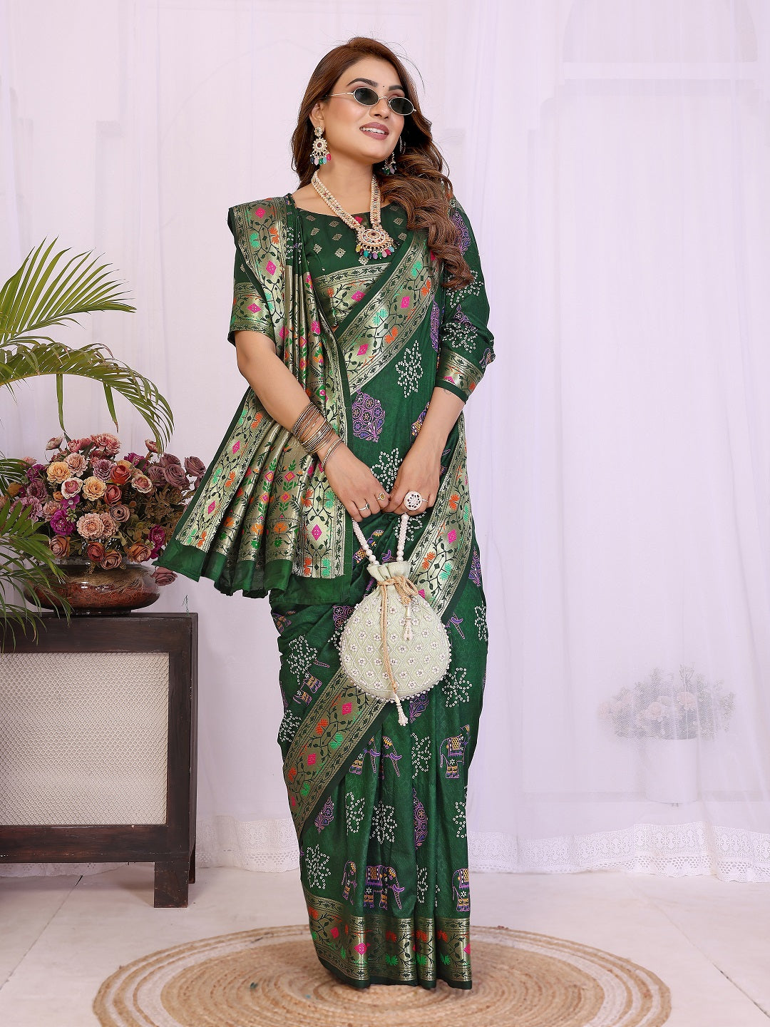 Dola Silk Bandhej Khadi Print Saree with Kanchi Border
