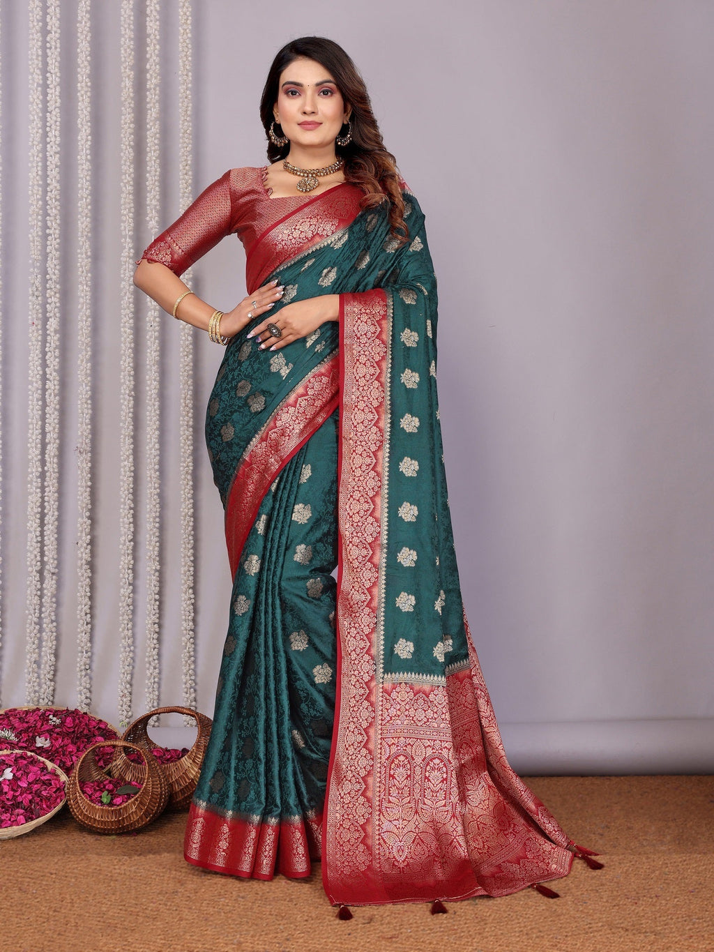 Zari Butta and Contrast Border Satin Silk Saree