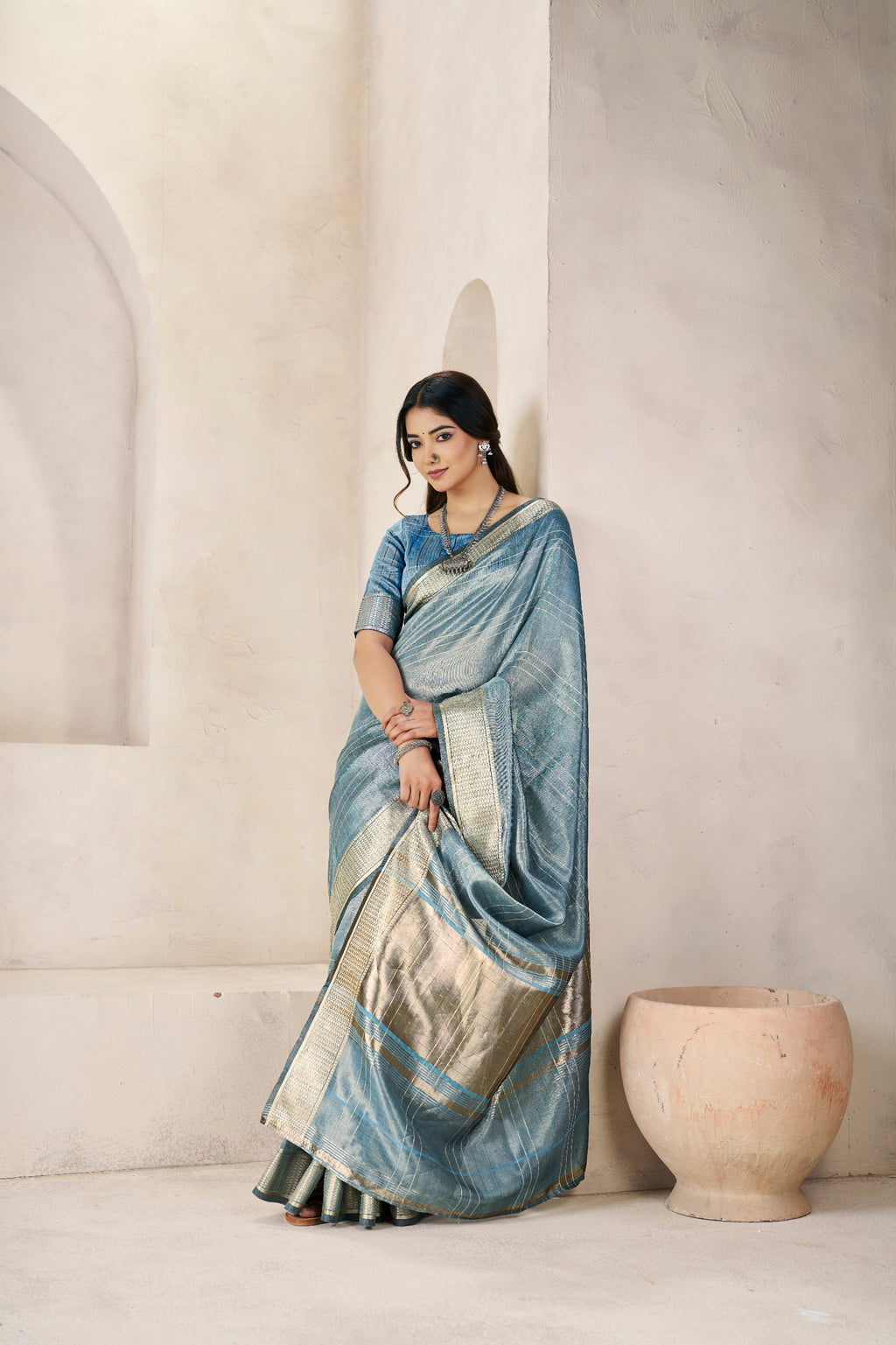 Designer Gold Zari With Soft Linen Cotton Silk Saree