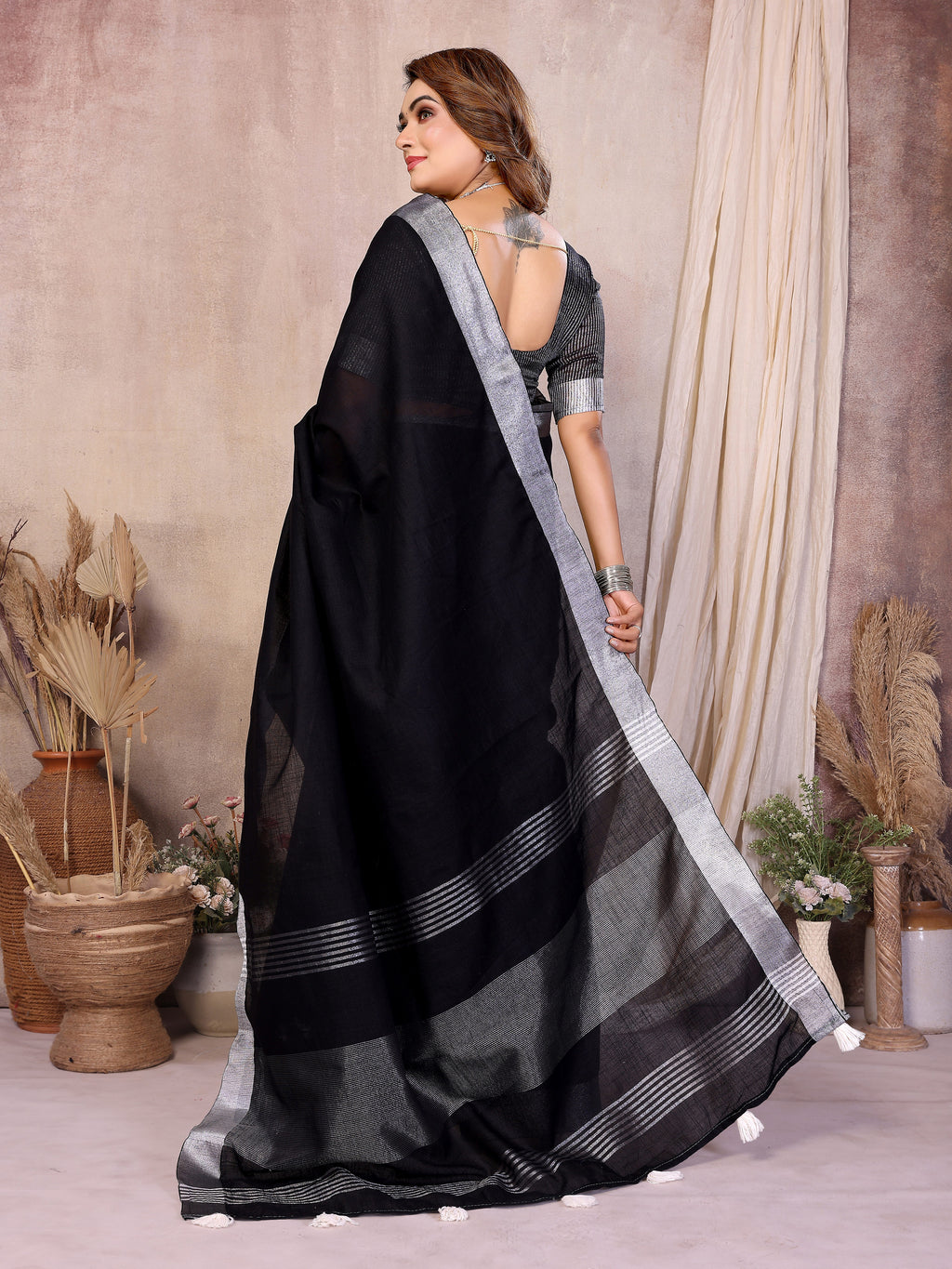 Beauty Soft Linen Cotton Saree with Silver Zari Border