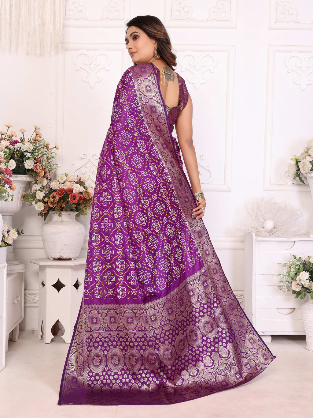 Bandhej Print Soft Satin Silk Saree with Zari Border