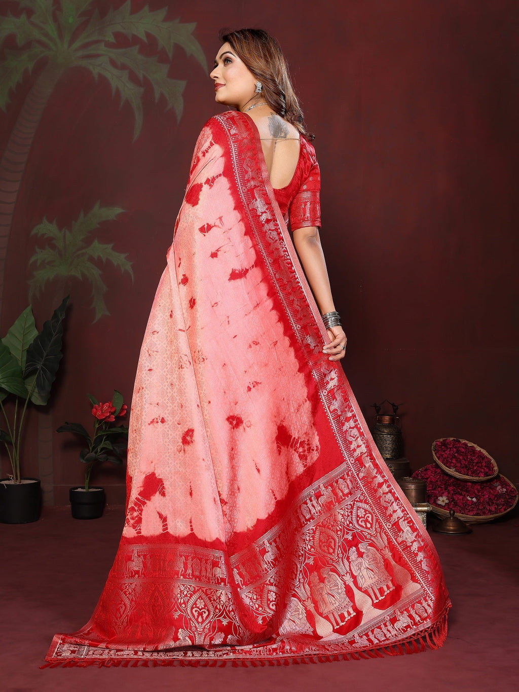 Sibori Bandhej Soft Satin Silk Zari Border Saree