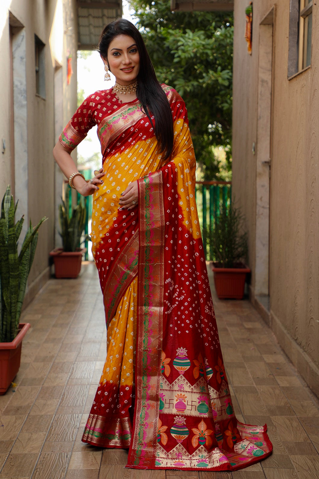 Pure Bandhej Silk Paithani Saree with Minakari Border