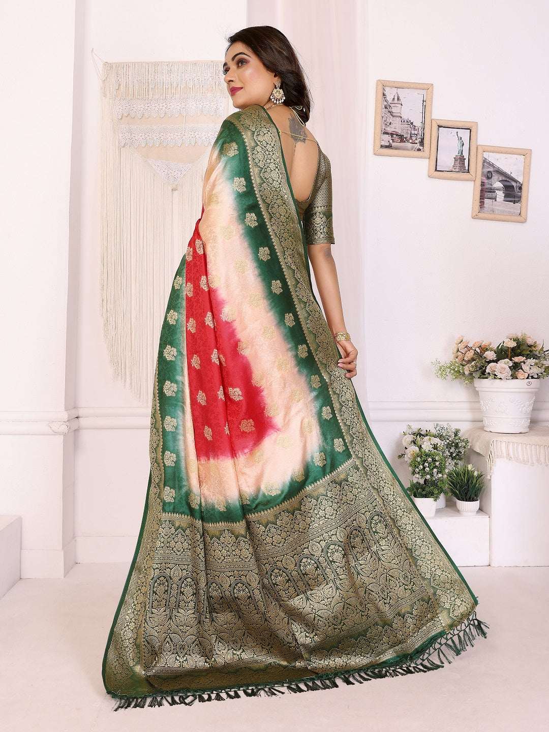 3D Multi Color Soft Satin Silk Dyed Saree with Zari Work