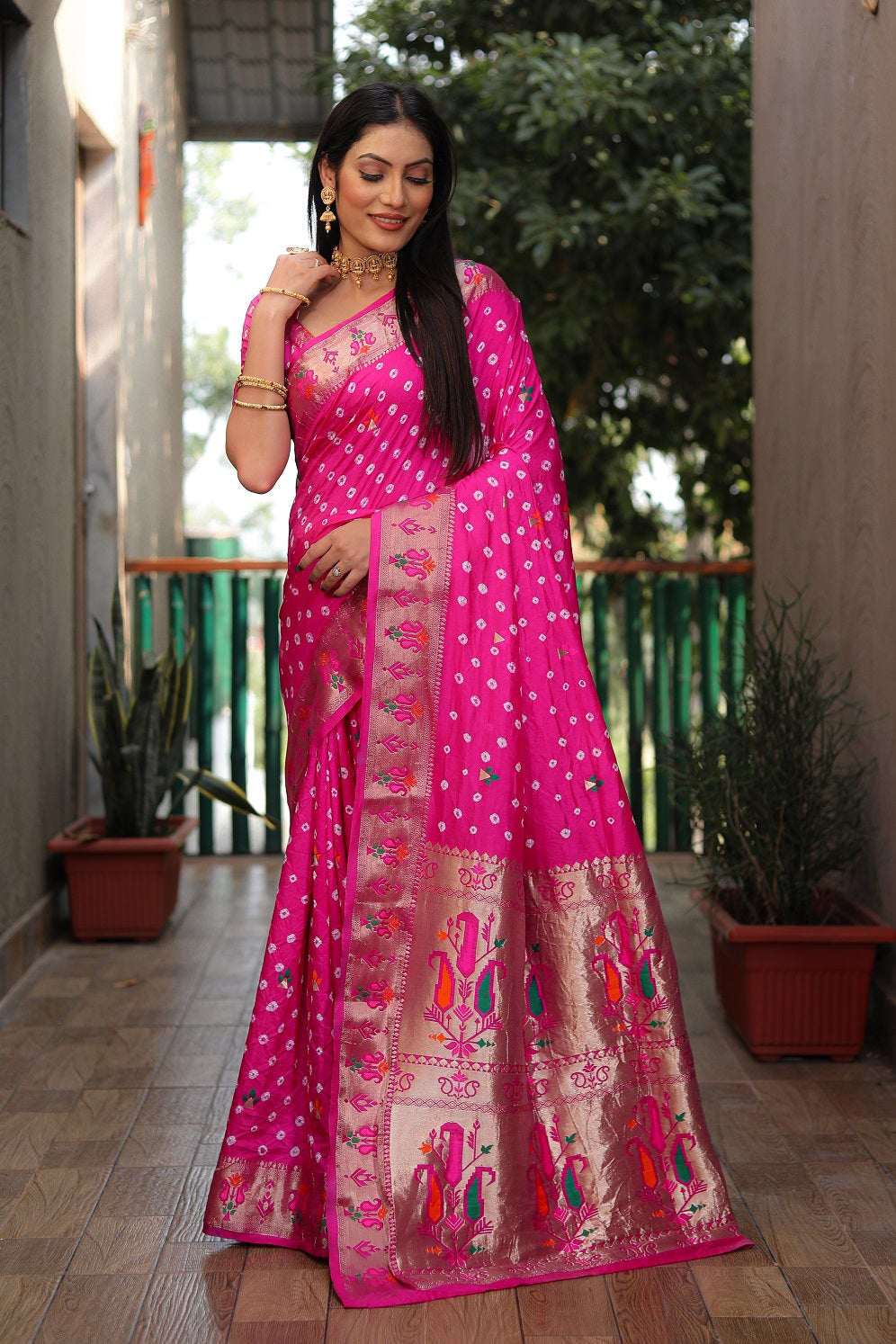 Dola Soft Silk Bandhej Paithani Saree with Zari Butti
