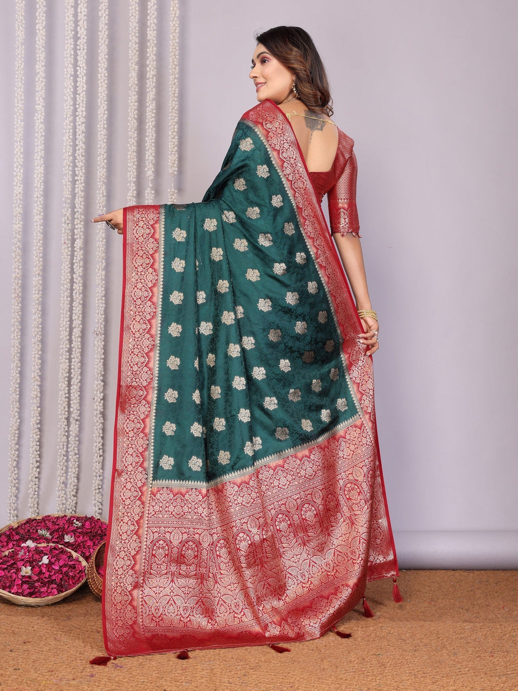 Zari Butta and Contrast Border Satin Silk Saree