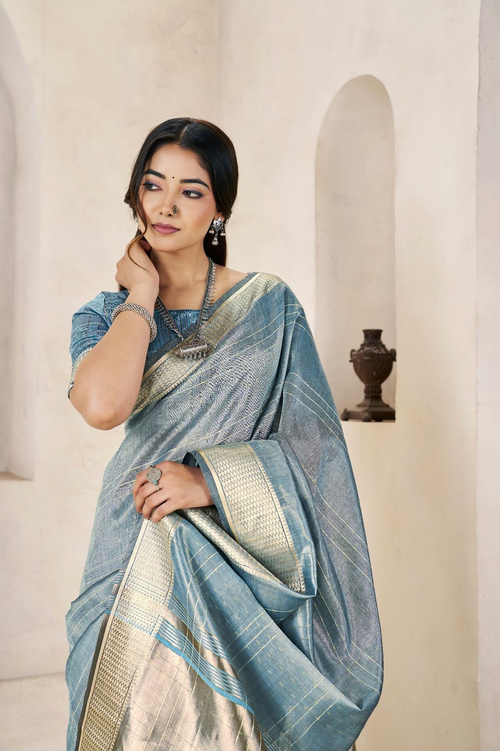 Designer Gold Zari With Soft Linen Cotton Silk Saree