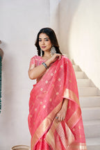 Soft Linen Cotton Silk Saree with Gold Zari Weaving