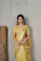 Rich Gold Zari Weaving Soft Linen Cotton Silk Saree