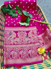 Unique Bandhej Kanjivaram Pink Color Silk Saree