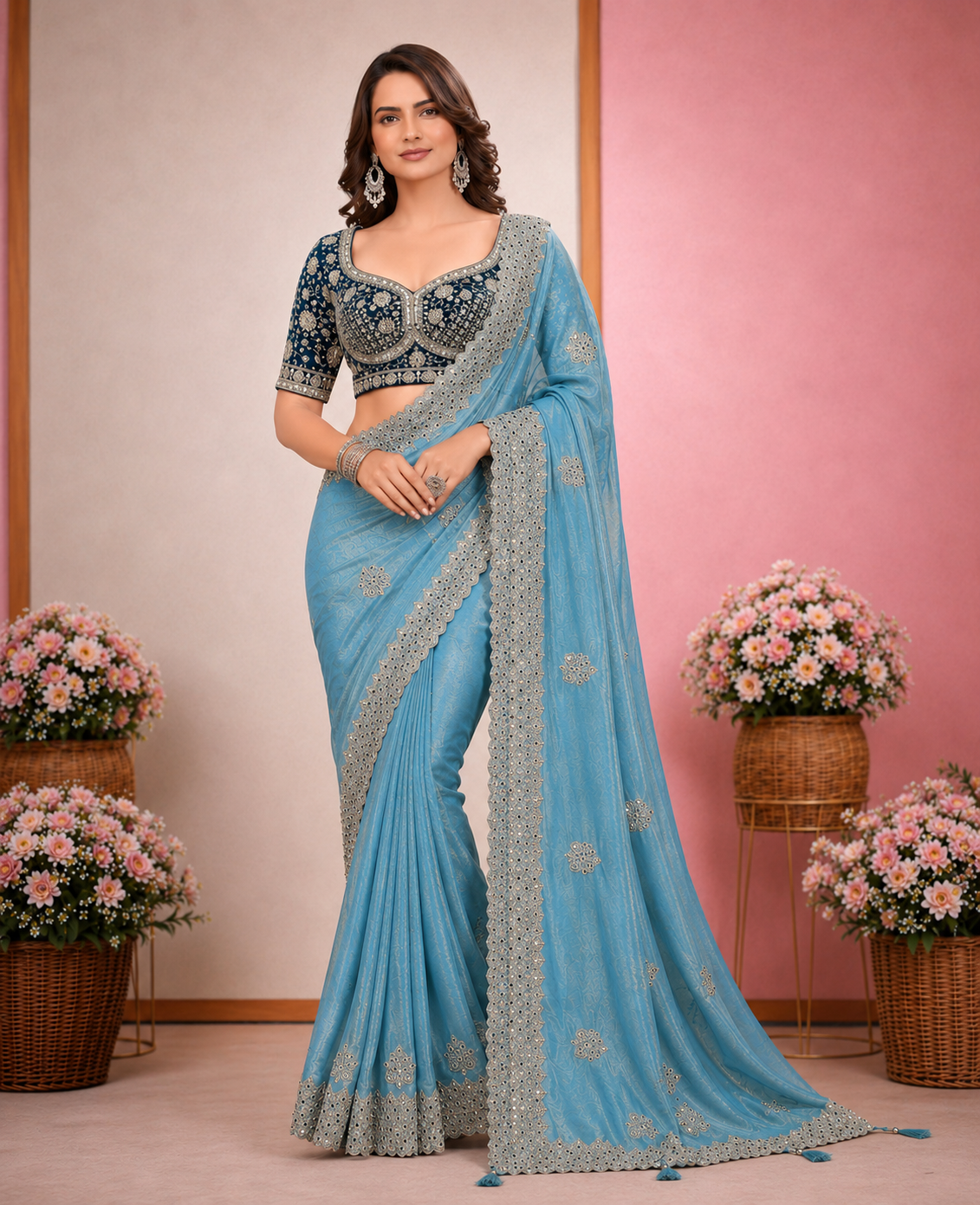 Elegant Satin Embroidered Saree with Sequins Border