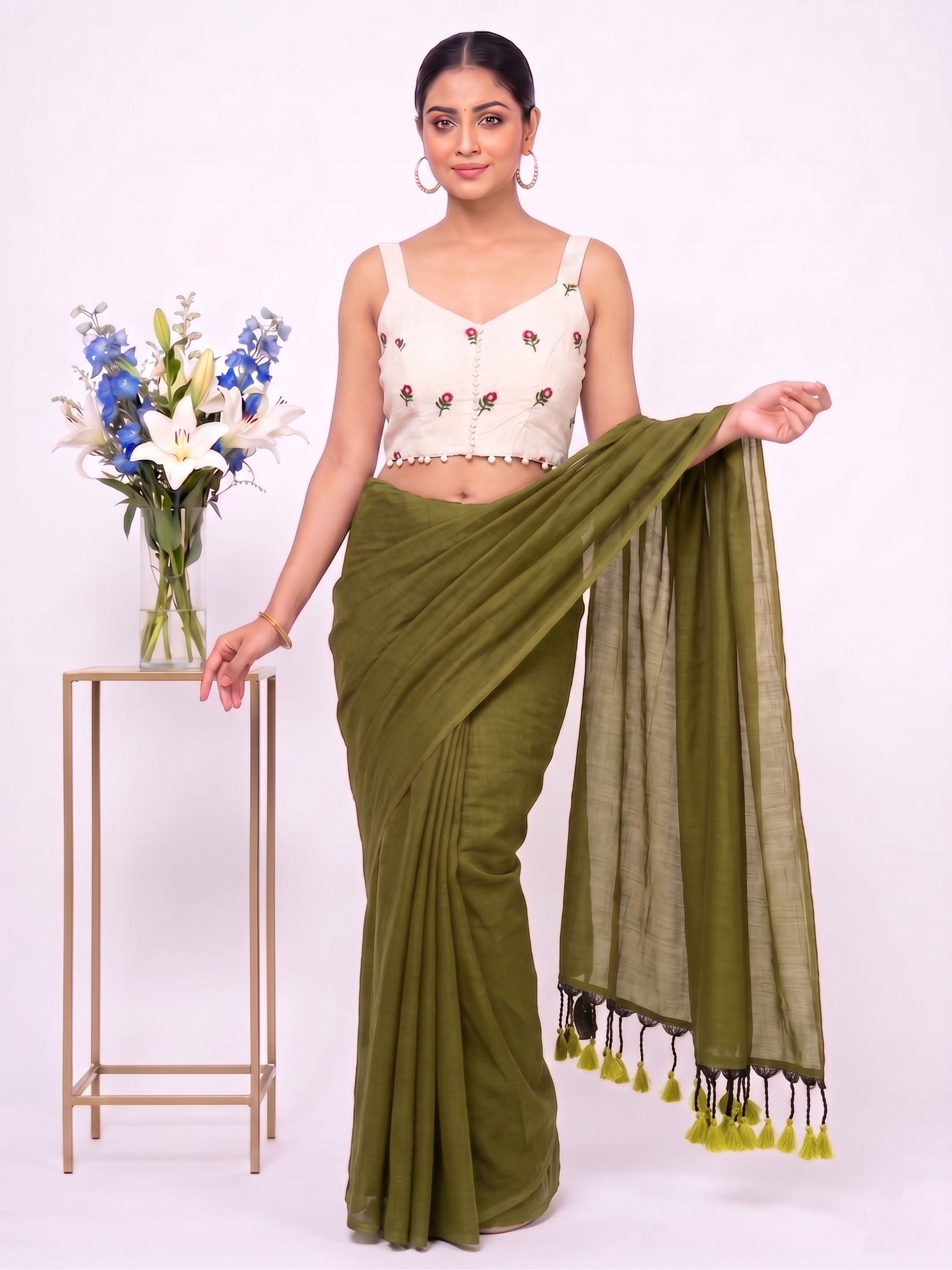 Khadi Cotton Saree with Designer Embroidered Sleeveless Blouse