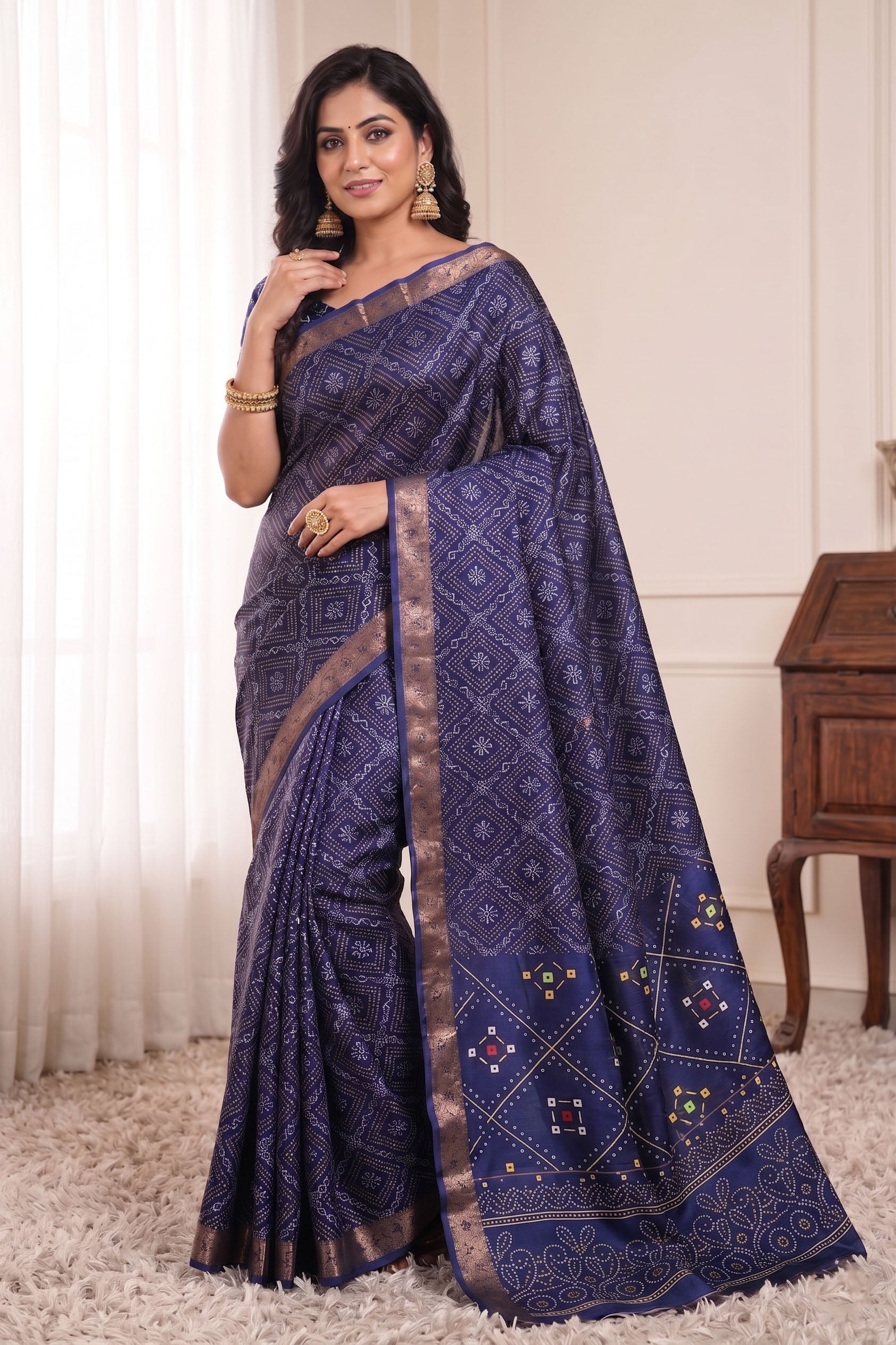 Bandhani Print Soft Silk Blend Saree with Rich Golden Zari Border