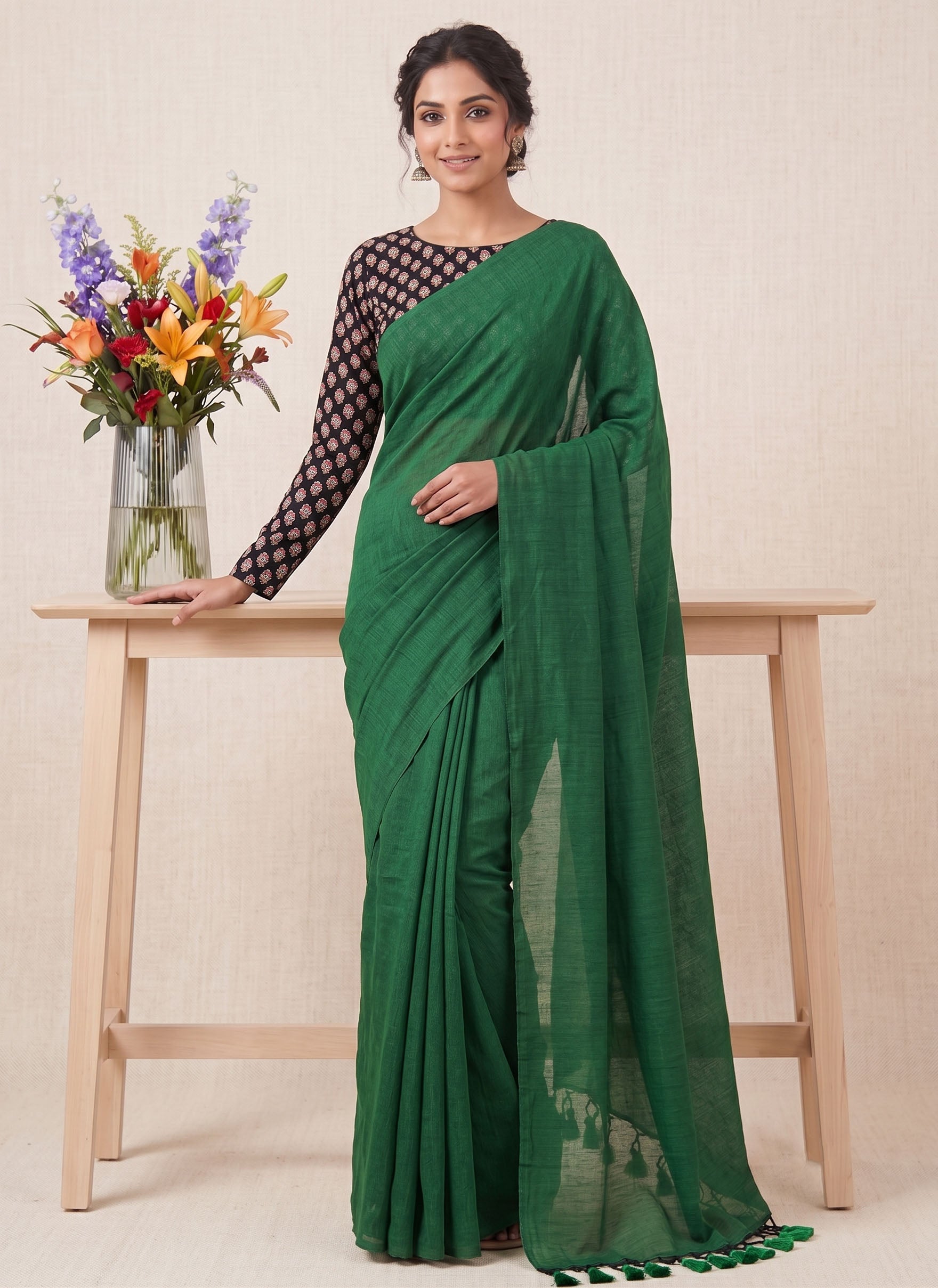 Elegant Khadi Cotton Saree with Stretchable Ajrak Print Blouse