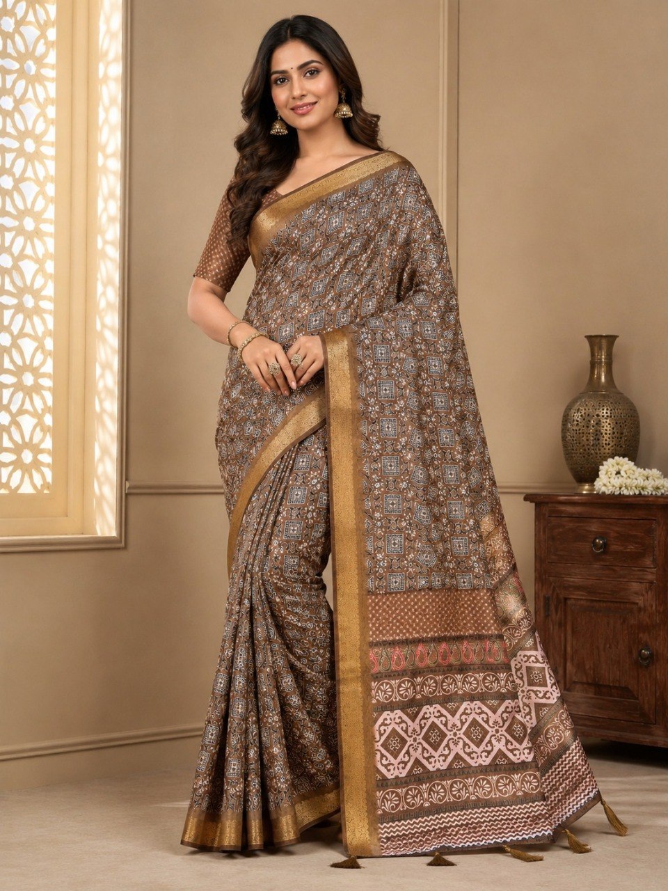 Premium Ajrakh Print Silk Blend Saree
