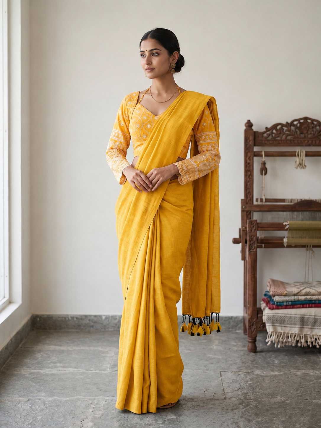 Classic Khadi Cotton Saree with Chikankari Blouse
