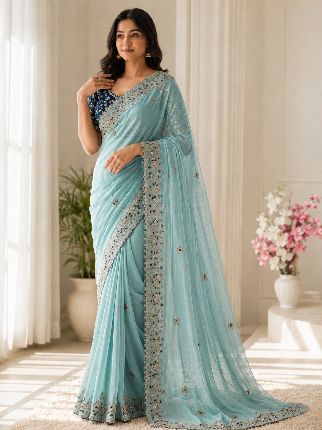 Fandy Satin C-Pallu Saree and Designer Stitched Blouse