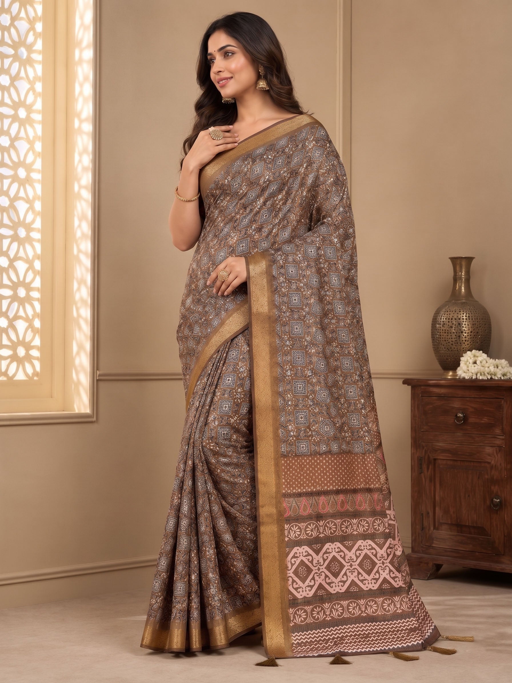 Premium Ajrakh Print Silk Blend Saree