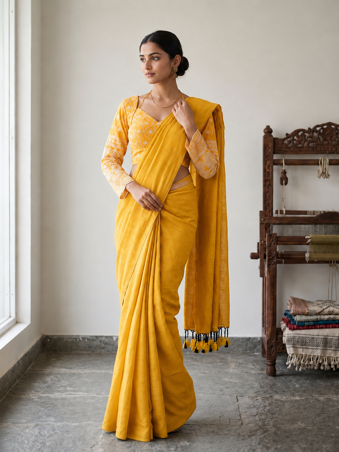 Classic Khadi Cotton Saree with Chikankari Blouse