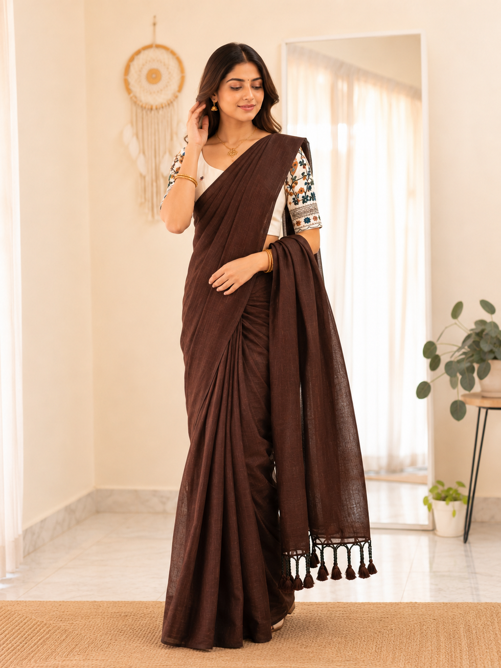 Elegant Khadi Cotton Saree with Designer Embroidered Padded Blouse