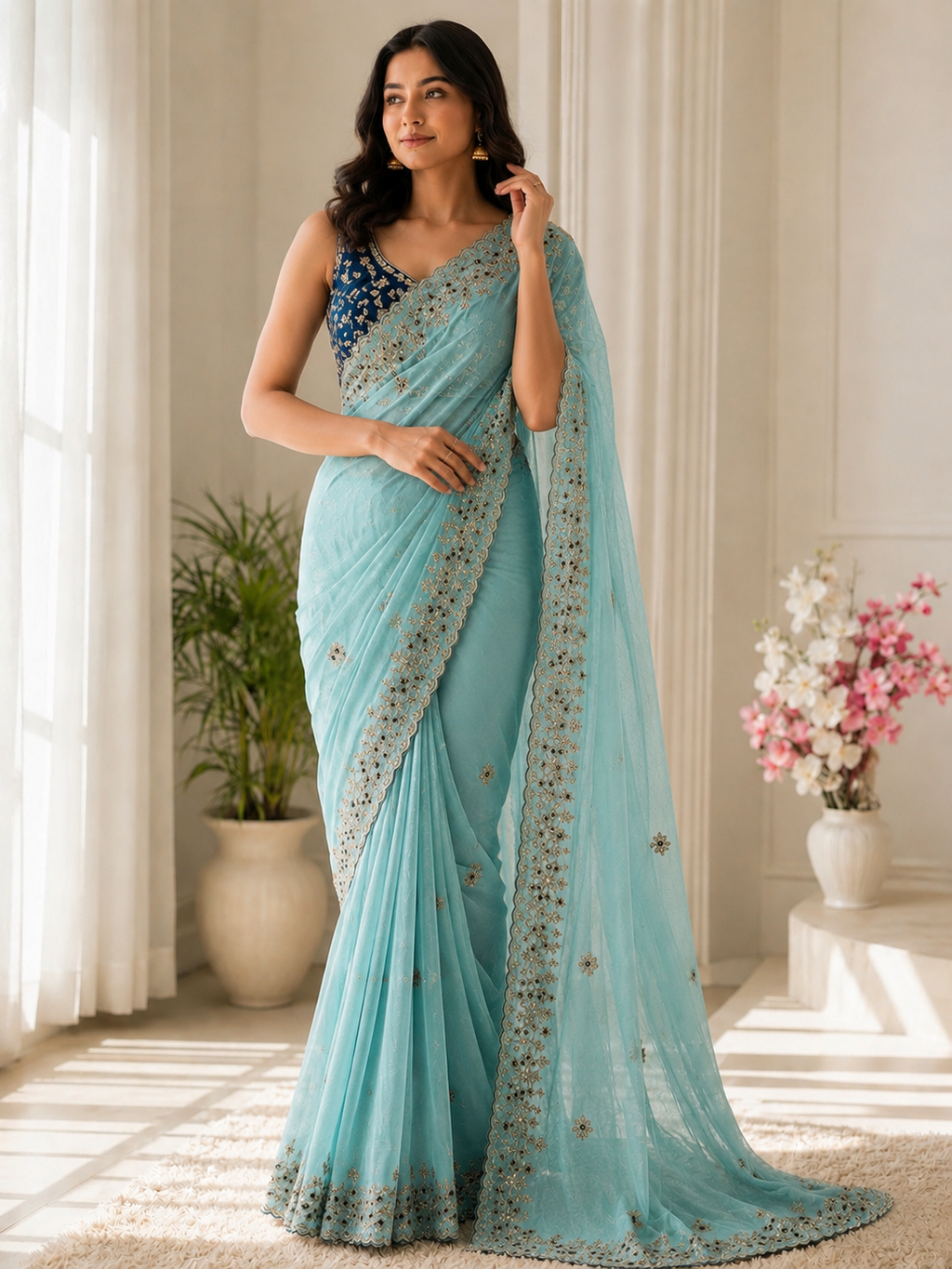 Fandy Satin C-Pallu Saree and Designer Stitched Blouse