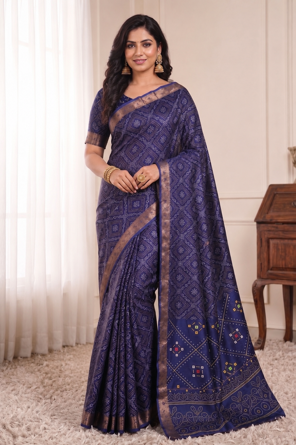 Bandhani Print Soft Silk Blend Saree with Rich Golden Zari Border