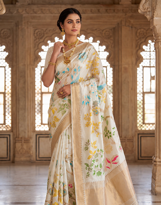 Hand Dyed Khadi Crepe Silk Saree with Bird Motifs