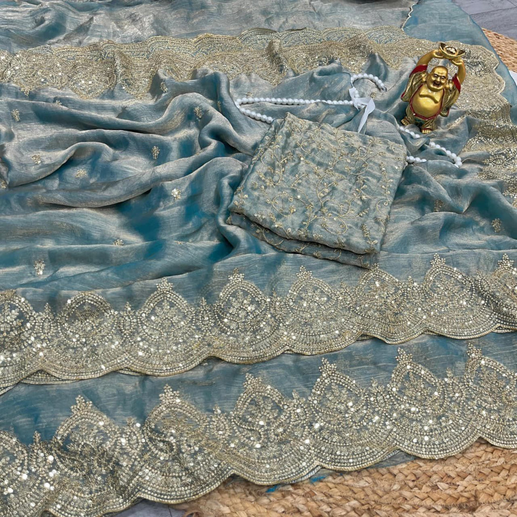 Premium Fandy Chiffon Saree with Sequins Zari Work