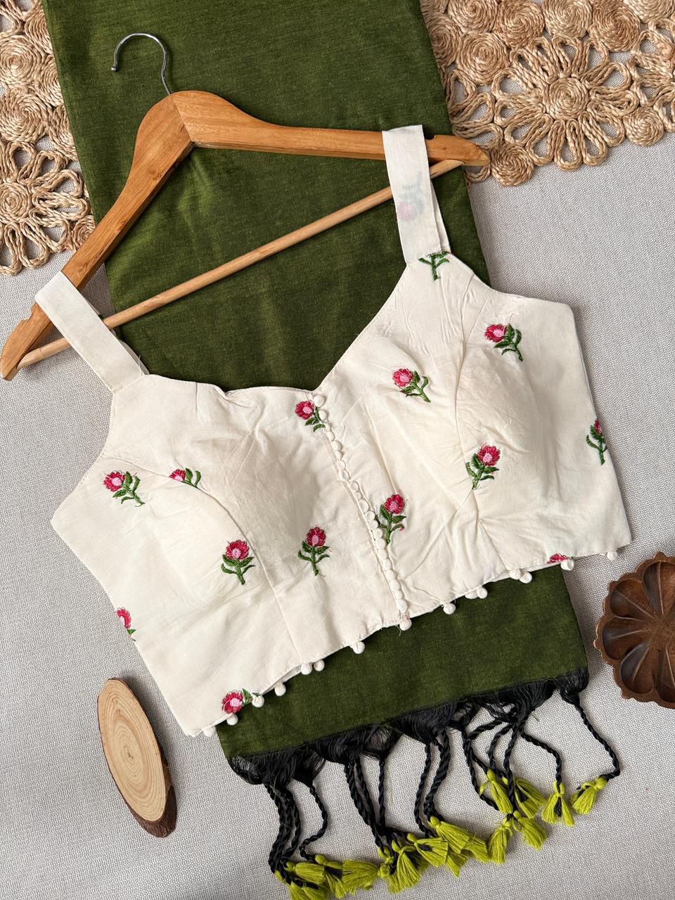 Khadi Cotton Saree with Designer Embroidered Sleeveless Blouse