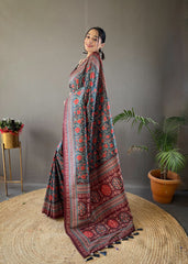 Classic Digital Print Silk Teal Blue Color Saree
