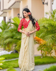 Embellished Cream Color Embroidery Work Saree