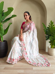 Awesome Embroidery Work White Color Saree