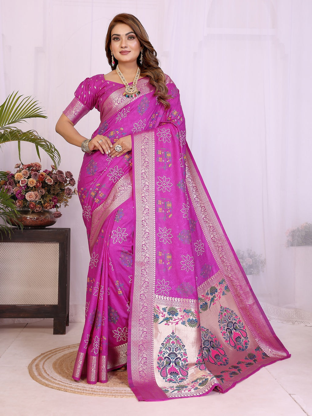 Dola Silk Bandhej Khadi Print Saree with Kanchi Border