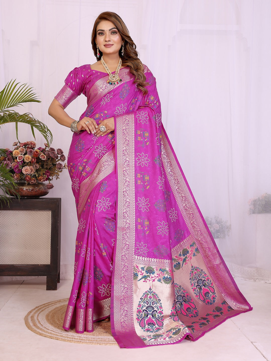 Dola Silk Bandhej Khadi Print Saree with Kanchi Border