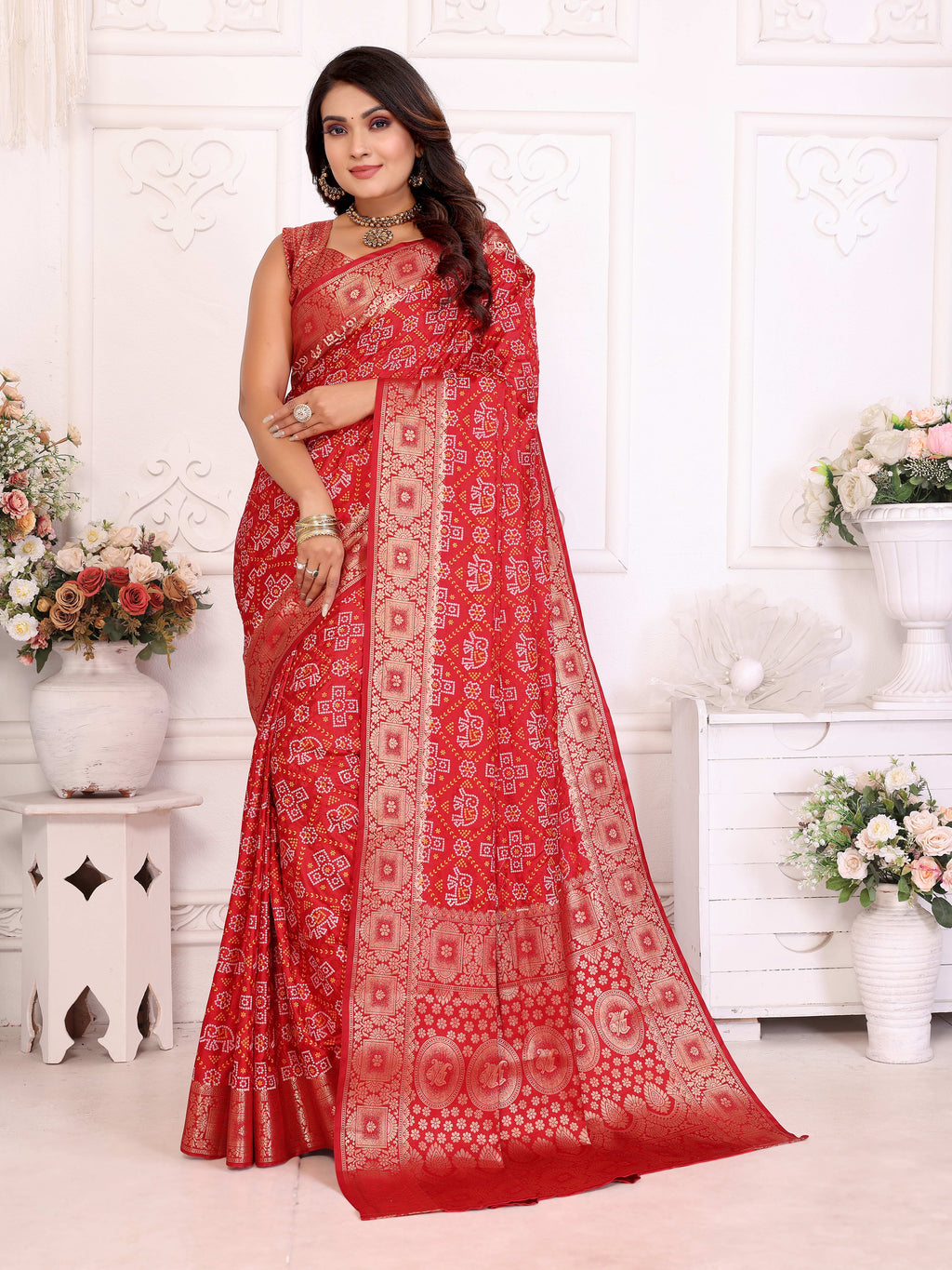 Bandhej Print Soft Satin Silk Saree with Zari Border