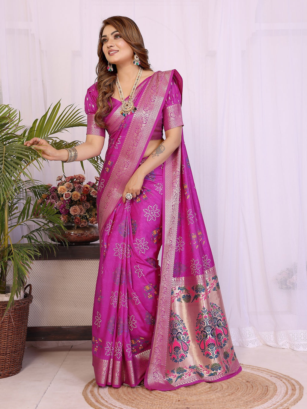 Dola Silk Bandhej Khadi Print Saree with Kanchi Border