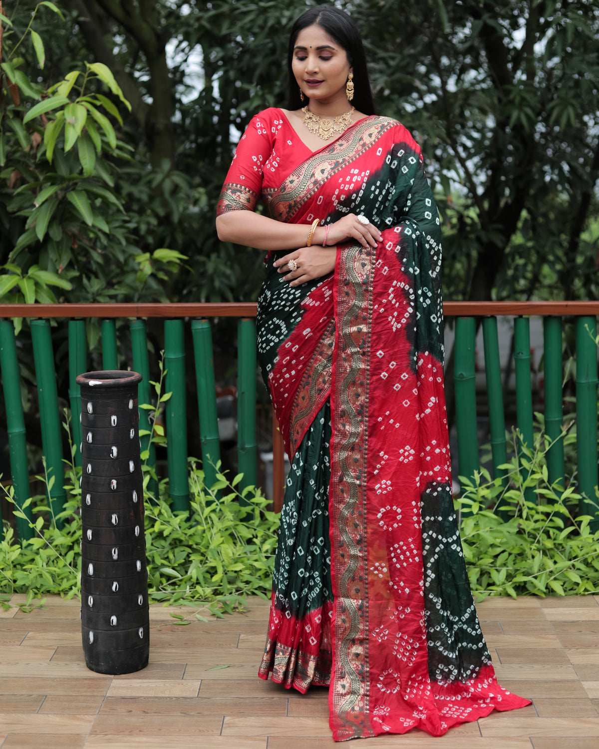 Imposing Bandhej Green Color Soft Silk Saree