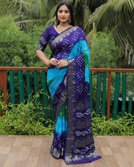 Outstanding Bandhej Sky Blue Color Silk Saree