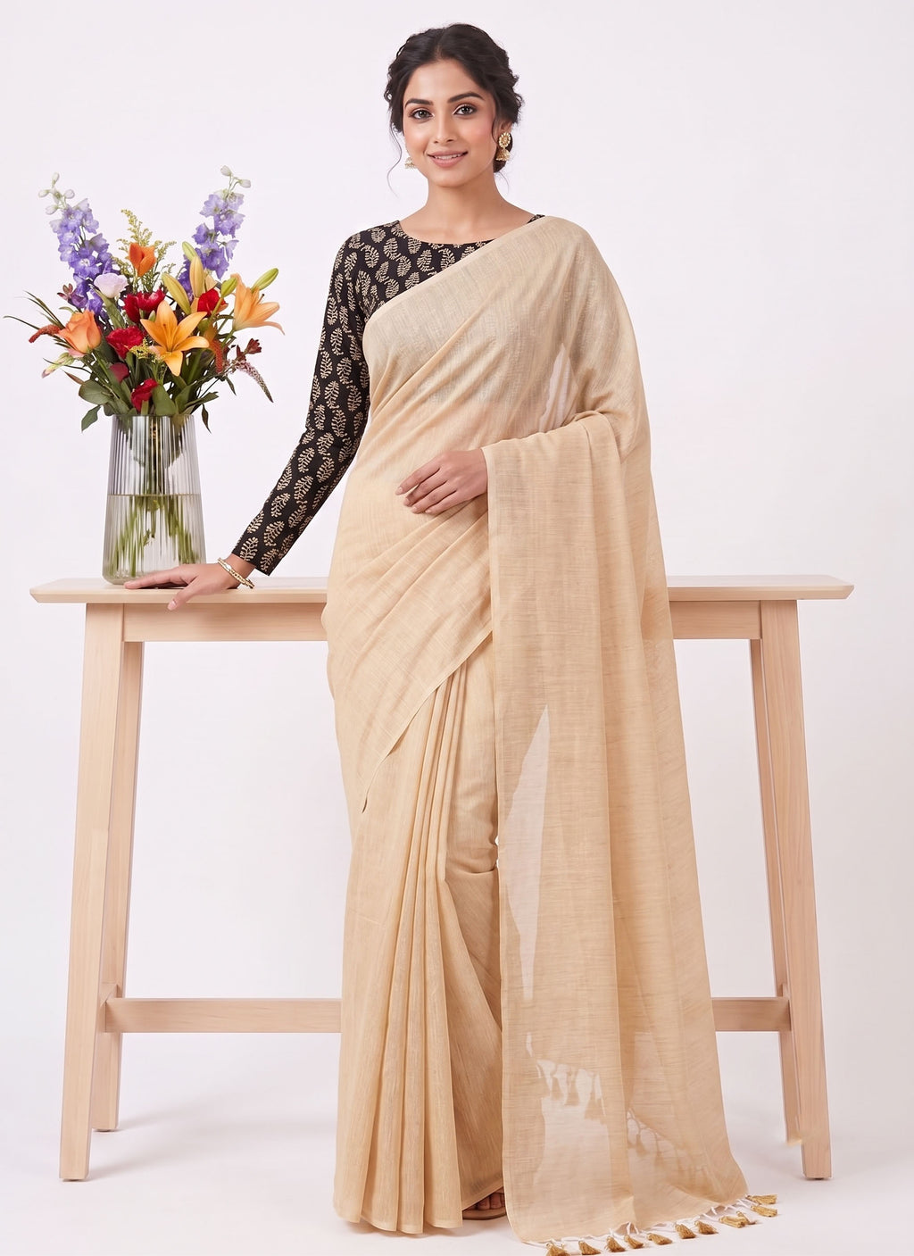 Elegant Khadi Cotton Saree with Stretchable Ajrak Print Blouse