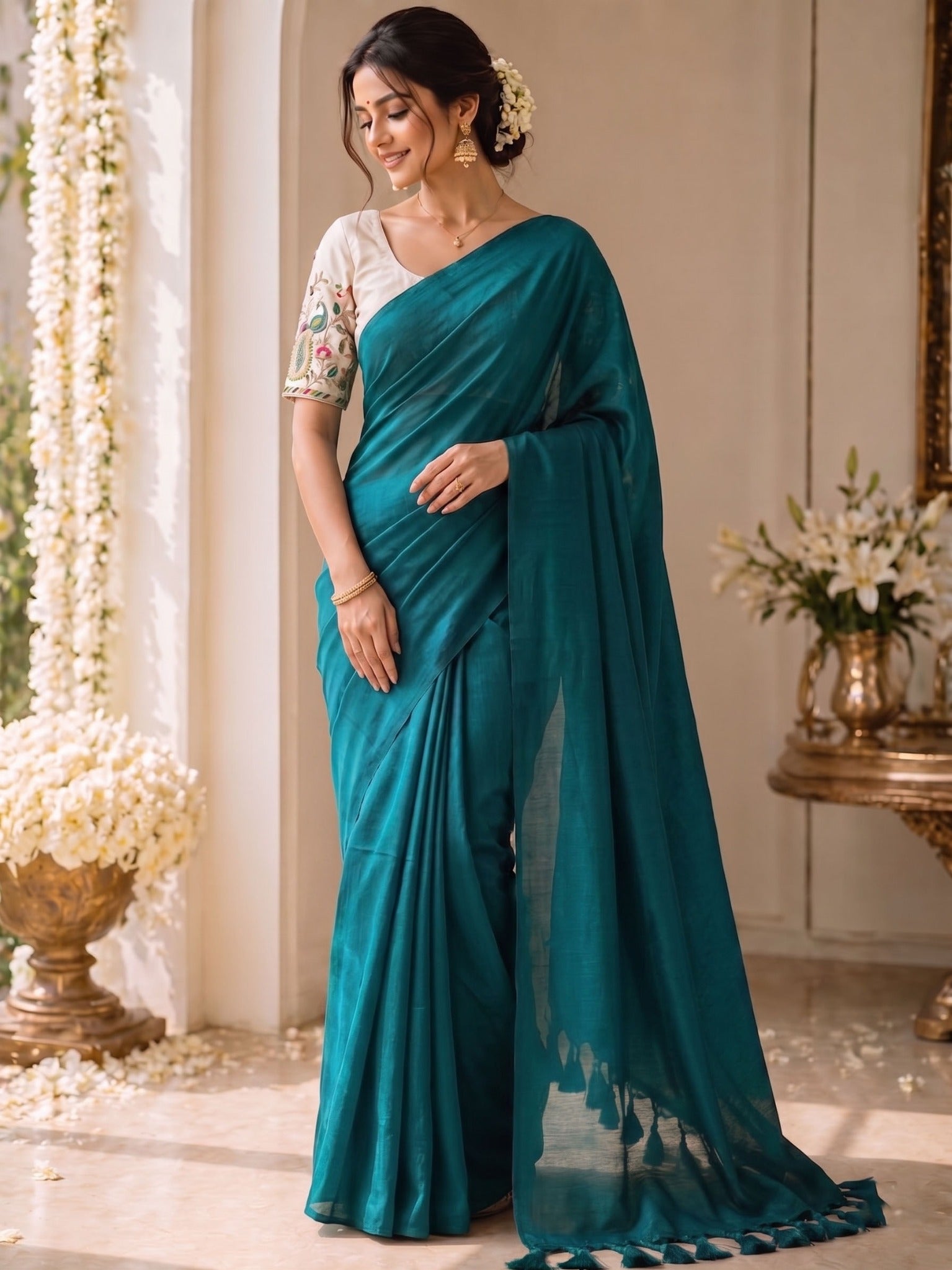 Khadi Cotton Saree with Embroidered Padded Blouse
