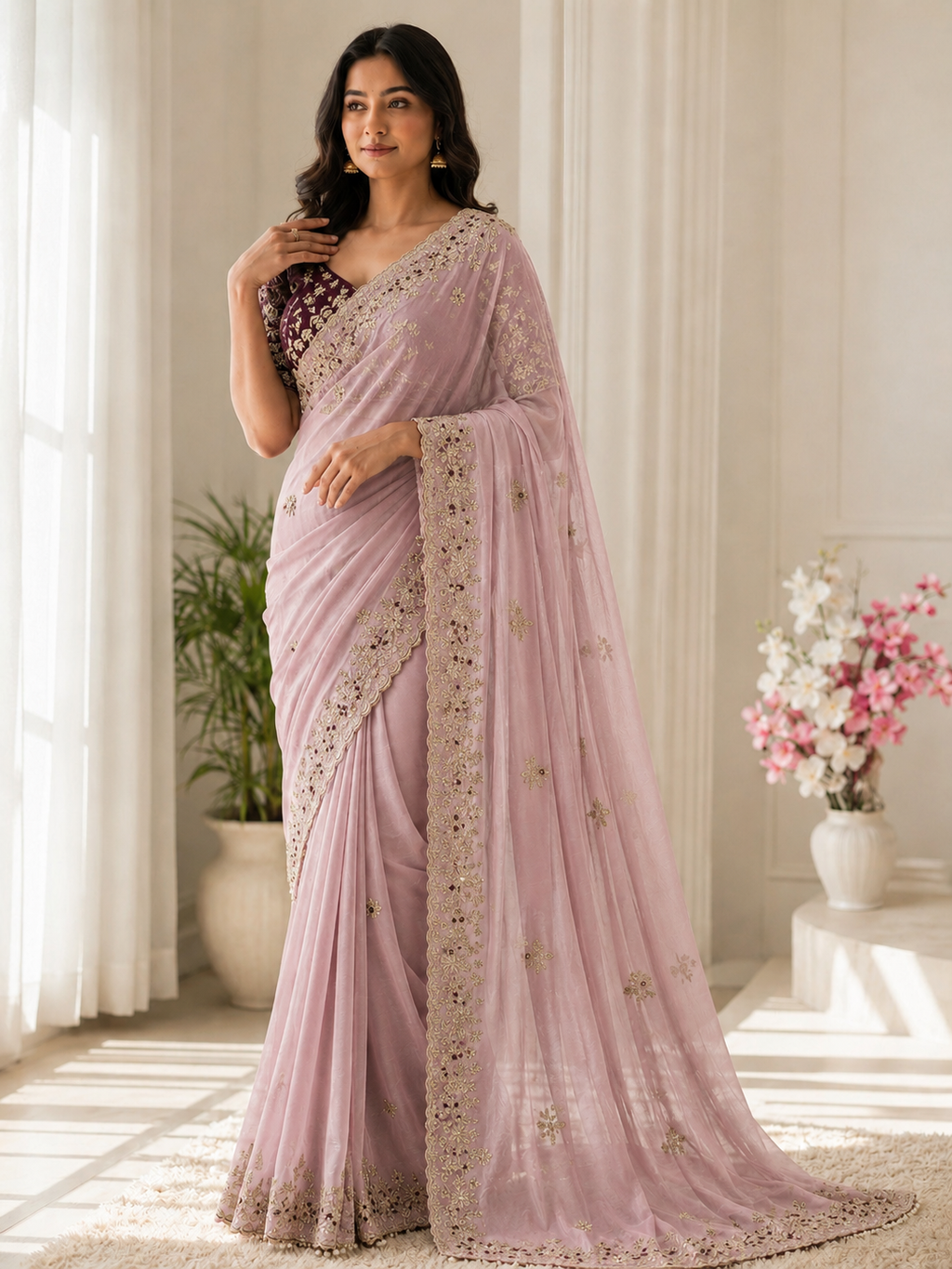 Fandy Satin C-Pallu Saree and Designer Stitched Blouse