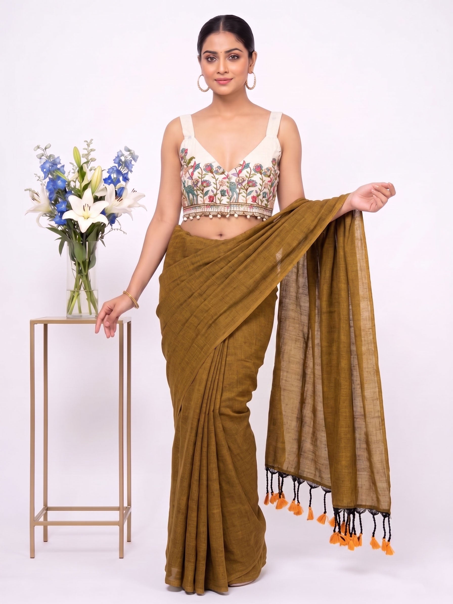 Khadi Cotton Saree with Designer Embroidered Sleeveless Blouse