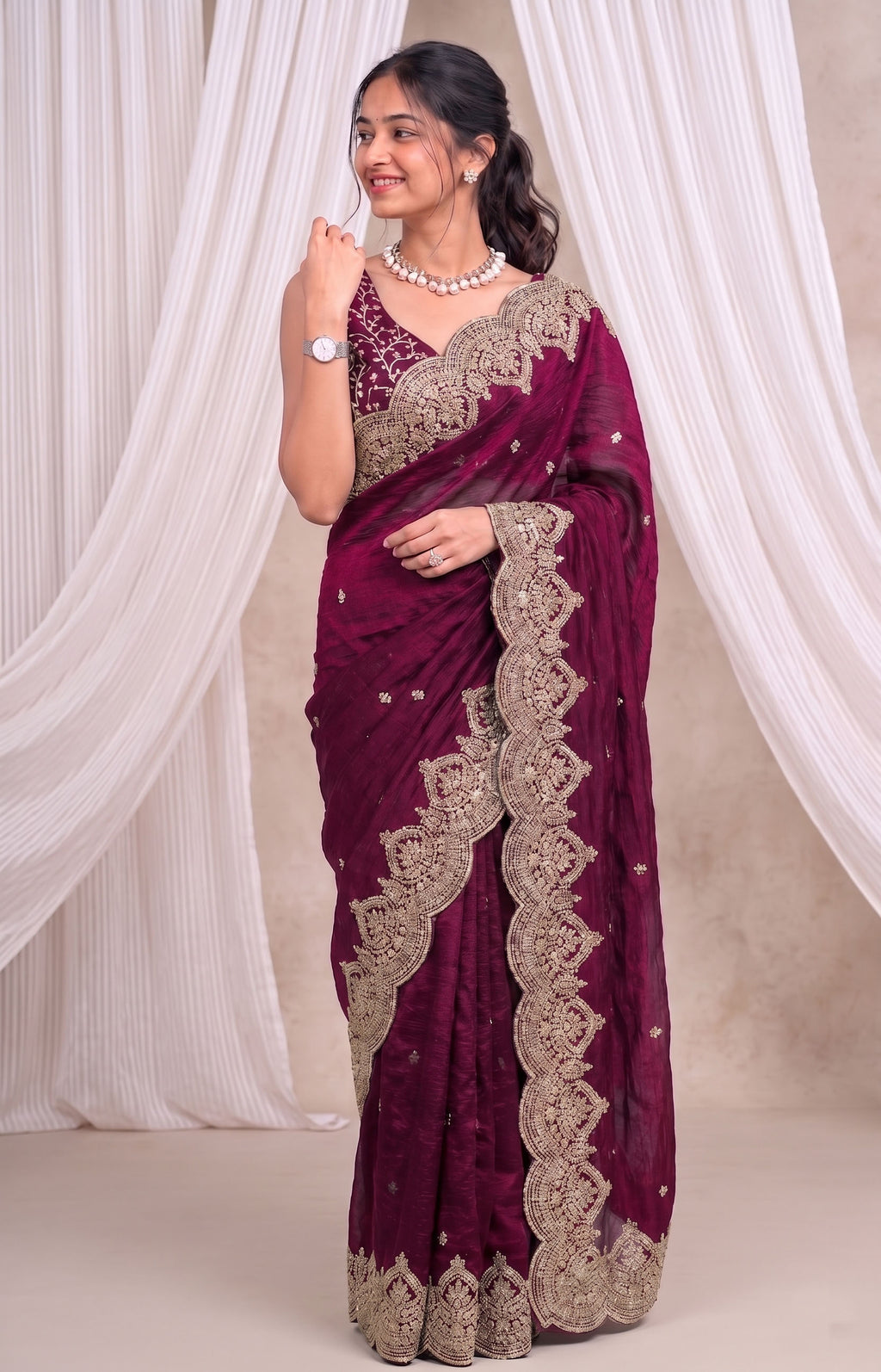 Premium Fandy Chiffon Saree with Sequins Zari Work